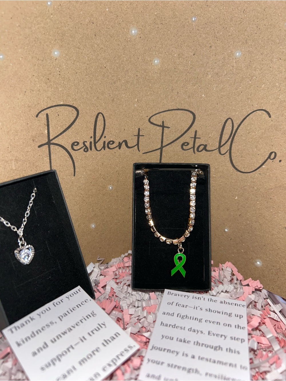 Silver heart crystal necklace with Green Ribbon Charm bracelet